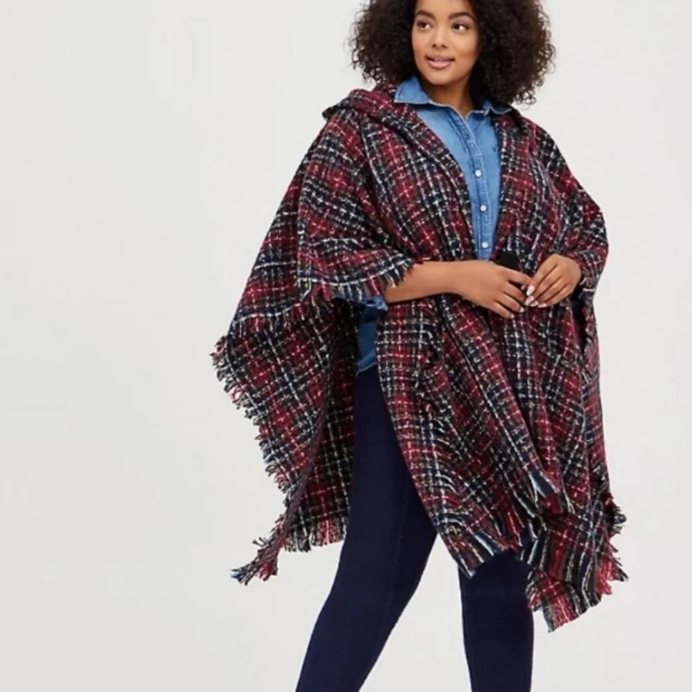 Torrid Hooded Ruana Plaid Poncho One Size - Picture 7 of 7